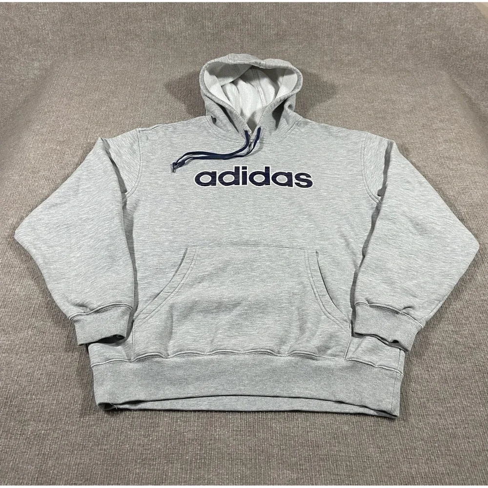 Vintage Adidas Hoodie Sweatshirt Mens Large Grey Embroidered Logo Spellout‎ Y2K
